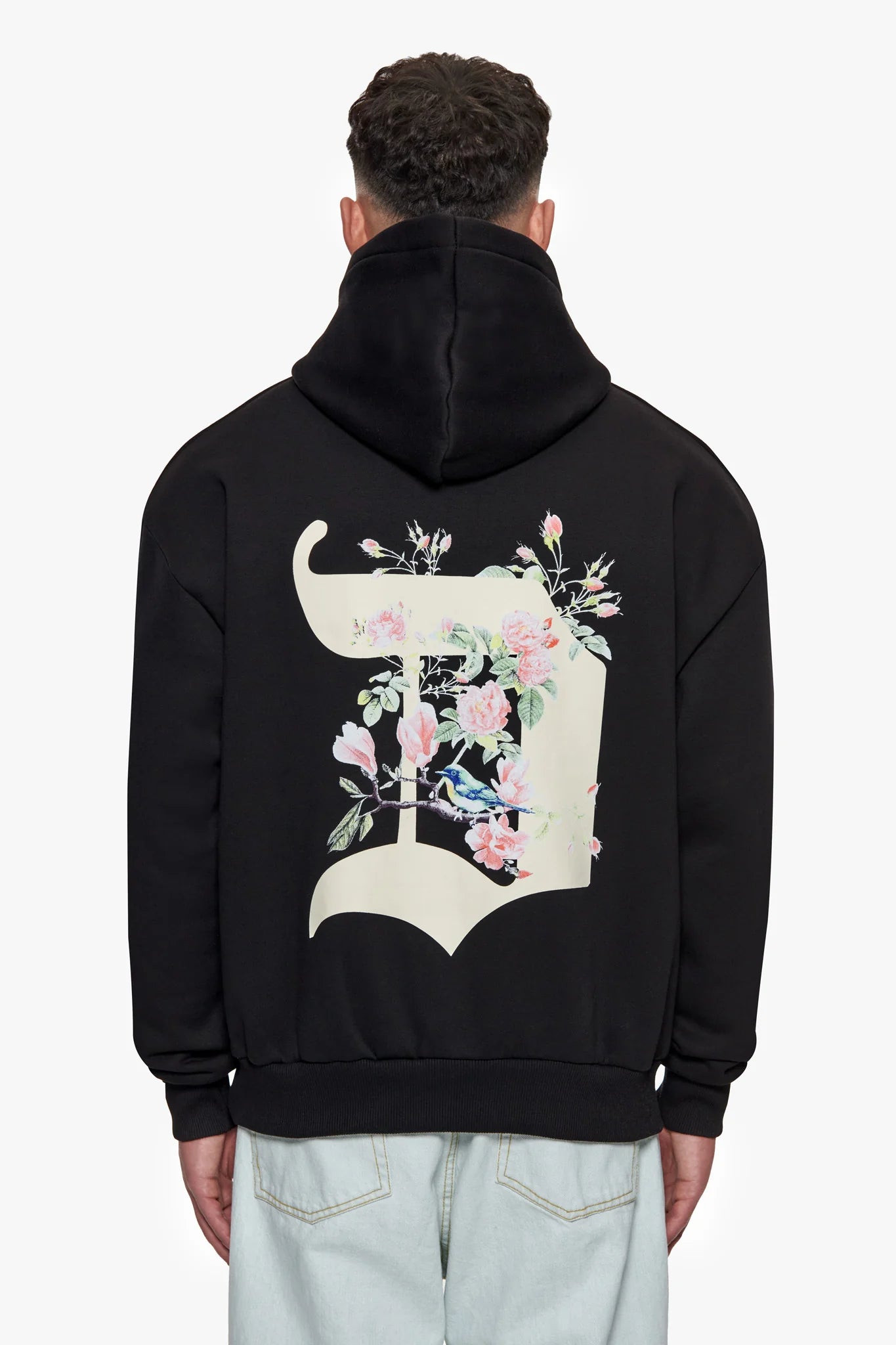 Dropsize HD-357 HEAVY OVERSIZE BIRD & ROSES HOODIE - Black